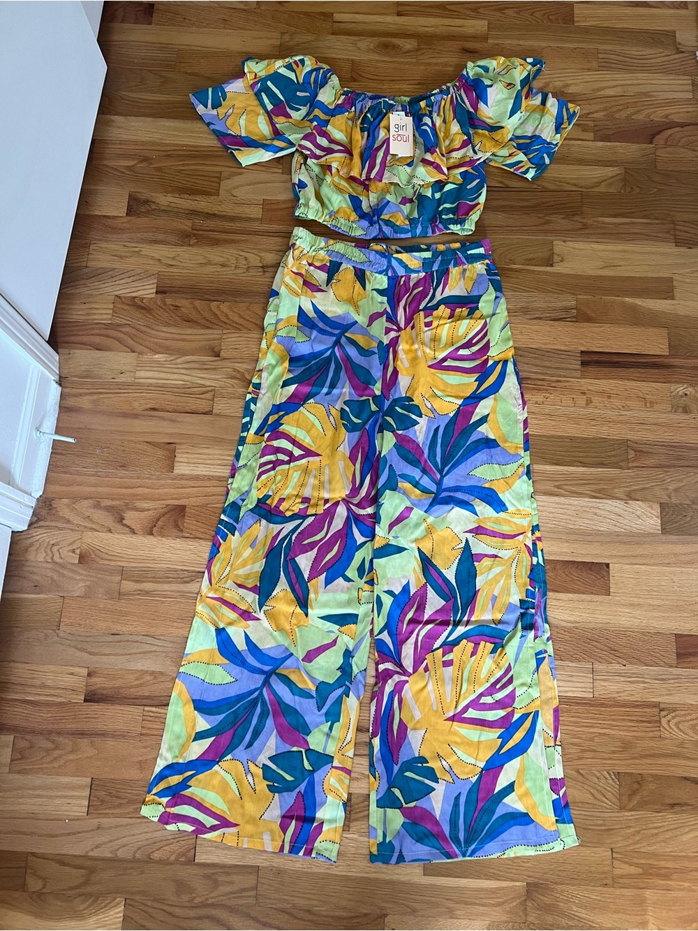 Girl Soul Tropical Off-Shoulder Two-Piece Set in Yellow, Blue & Purple